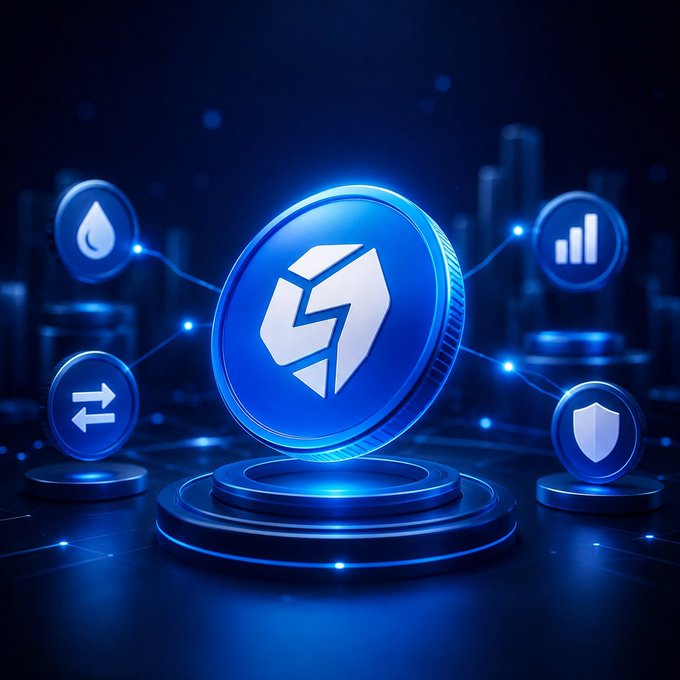A stylized 3D render of a blue cryptocurrency coin with an 'S' logo on a glowing pedestal, surrounded by smaller icons representing liquidity, analytics, exchange, and security, set against a dark futuristic city background.