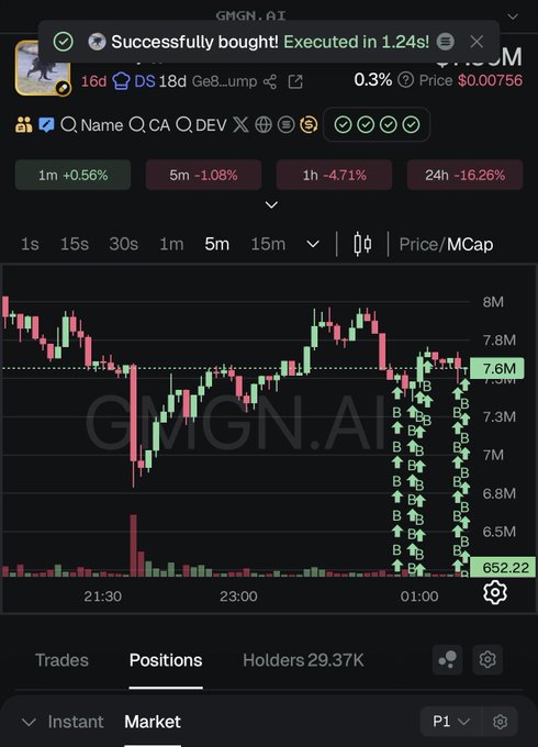 GMGN.AI trading interface showing a successful buy of token 'DS18d Ge8...ump' at $0.00756, with a candlestick chart displaying -16.26% over 24h and multiple green 'B' buy markers.