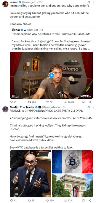 Twitter/X feed showing posts from @rasmr_eth criticizing people who 'sit behind the screen and act superior' regarding CT accounts, and a post from @MerlijnTheTrader about France having a crypto kidnapping case every 2.3 days, noting criminals target wallet owners via leaked KYC databases.