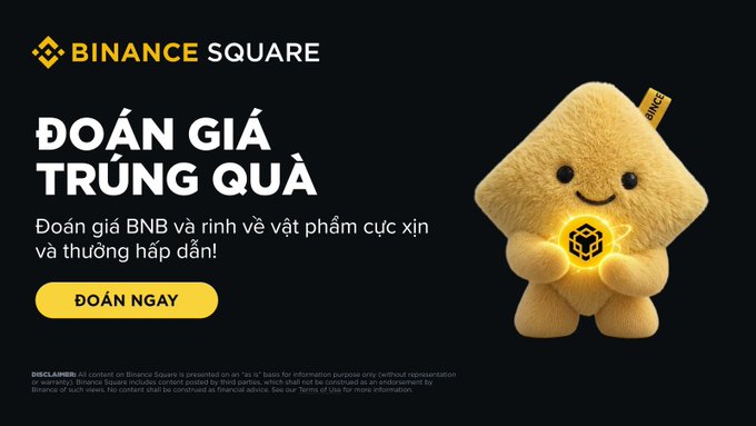 A Binance Square advertisement in Vietnamese with a yellow 'DOÁN NGAY' button and a cute fluffy mascot holding a glowing cube, with text 'ĐOÁN GIÁ TRÚNG QUÀ Đoán giá BNB và rinh về vật phẩm cực xịn và thưởng hấp dẫn!'.