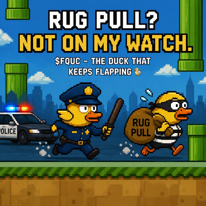 A pixel-art meme with the text 'RUG PULL? NOT ON MY WATCH. $FQUC – THE DUCK THAT KEEPS FLAPPING' showing a police duck chasing a thief duck carrying a bag labeled 'RUG PULL'.