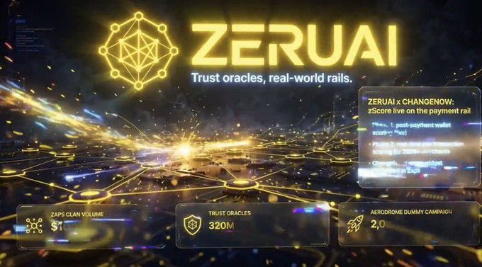A promotional graphic for 'ZERUAI' cryptocurrency, featuring a glowing geometric logo, the tagline 'Trust oracles, real-world rails.', and data panels showing 'ZAPS CLAIN VOLUME $1', 'TRUST ORACLES 320M', and 'AERODROME DUMMY CAMPAIGN 2.0'.