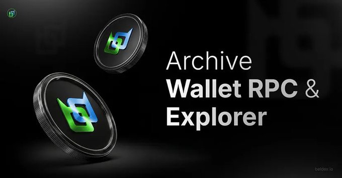Promotional graphic for a crypto project advertising 'Archive Wallet RPC & Explorer' featuring two black coins with a green logo on a dark background.