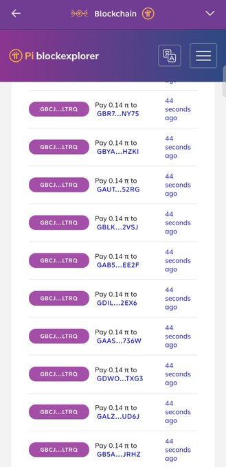 The image displays the Pi blockexplorer interface showing multiple automated transactions of 0.14 π (Pi cryptocurrency) occurring from wallet GBCJ...LTRQ to various recipients, all stamped "44 seconds ago," illustrating the flurry of simultaneous wallet activity referenced in the post.