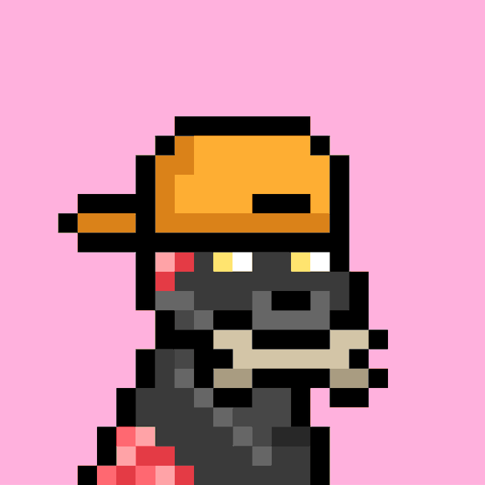 A pixel art character wearing an orange cap and a black face covering/mask, shown against a pink background.