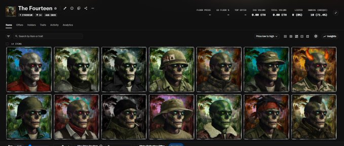 A screenshot of an NFT marketplace showing a collection called 'The Fourteen' featuring 14 items of stylized skull portraits with various headwear and backgrounds, displayed in a grid view.