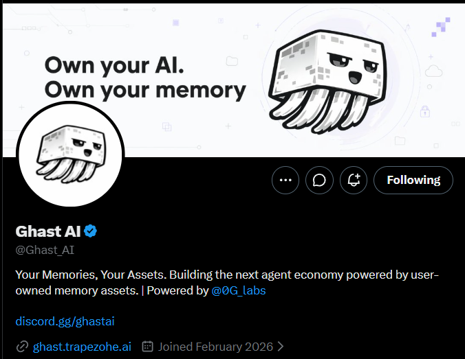 A Twitter/X profile for "Ghast AI" (@Ghast_AI), verified, with the tagline "Own your AI. Own your memory." featuring a pixelated jellyfish-like mascot. The bio describes it as "Your Memories, Your Assets" powered by @0G_labs, matching the post's context about a blockchain-native AI protocol for owning and monetizing AI memory as tradable digital assets.