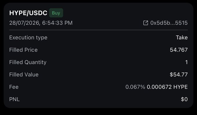 A trading receipt showing a buy order of 1 HYPE/USDC executed on 28/07/2026 at a filled price of 54.767 ($54.77 total), with a 0.067% fee of 0.000672 HYPE—visually confirming the post's boast of buying "One (1) $HYPE" in true contrarian fashion.
