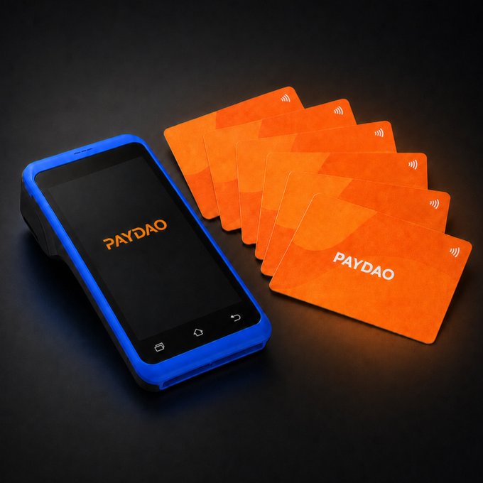A blue PayDao card payment terminal displayed alongside several orange PayDao contactless smart cards on a dark surface.
