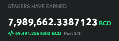 A digital display showing 'STAKERS HAVE EARNED 7,989,662.3387123 BCD' with a 24-hour increase of 69,494.2864803 BCD.
