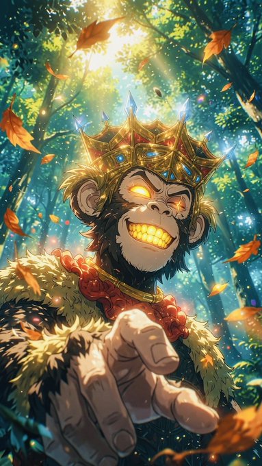 An illustrated image of a grinning monkey wearing a golden crown and fur mantle, reaching forward in a sunlit forest with falling autumn leaves.