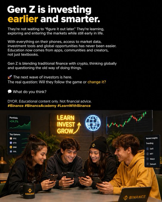 A Binance promotional post stating 'Gen Z is investing earlier and smarter,' featuring young people looking at their phones beneath neon 'LEARN INVEST GROW' signs and crypto market charts.