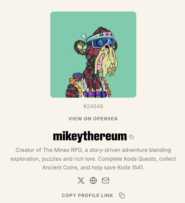 An OpenSea NFT profile for "mikeythereum" showing NFT #24548, a cartoon character wearing a VR headset with green slime dripping from its face, and a bio for "The Mines RPG" game.