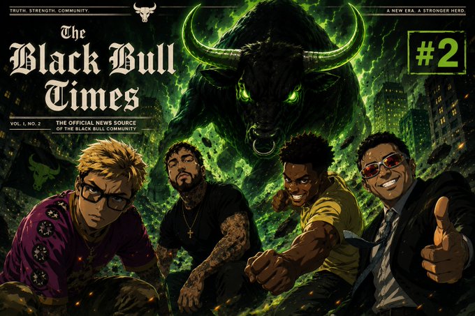 The image is the cover of "The Black Bull Times" Vol. 1, No. 2, featuring four illustrated characters in front of a massive, menacing black bull with glowing green eyes, with the tagline "TRUTH. STRENGTH. COMMUNITY" and "#2" displayed. The bold, hype-driven caption about a streamer attempting to turn $1,000 into $1 million aligns with the dramatic, community-focused branding of the Black Bull publication, suggesting it serves as visual marketing for the high-stakes trading challenge mentioned.