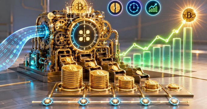 A futuristic golden Bitcoin mining rig with intricate gears, glowing digital streams, and stacked gold coins beside an ascending green bar chart topped with a Bitcoin symbol.