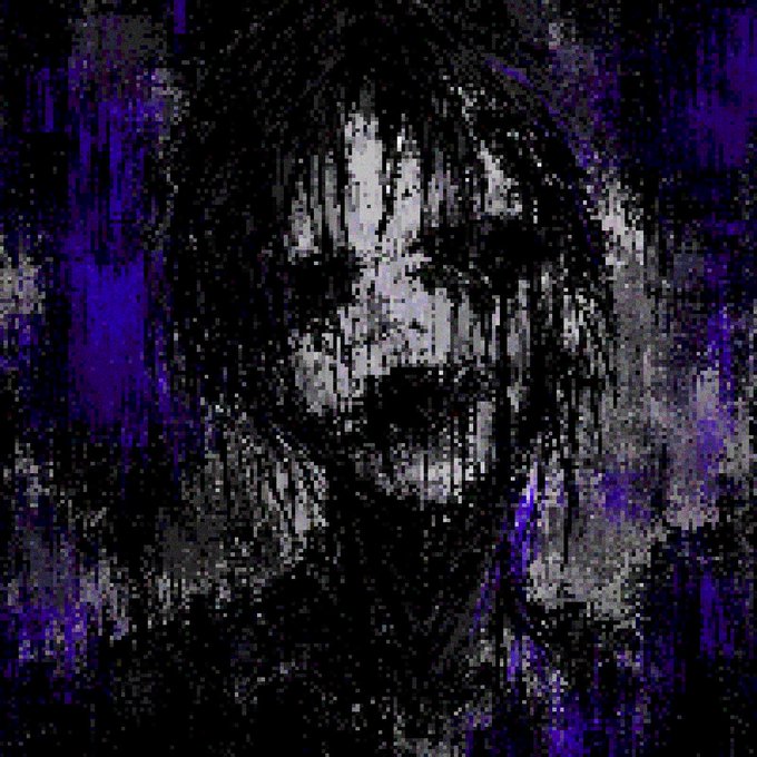 A distorted, glitch-art style black-and-white portrait of a hooded, skull-like figure emerges through heavy static and purple digital noise, conveying decay and unease. The chaotic, corrupted imagery visually mirrors the post's foreboding tone and the downward arrow ("↓") indicating a sharp drop in "Volatile #7."