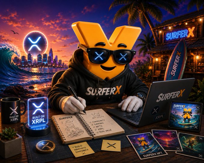 The image shows a person sitting at a desk with a laptop open in front of them. The person appears to be wearing sunglasses and has a book next to their laptop. There are several other objects around the workspace, including a cup on the left side of the desk, a keyboard, and a mouse. A surfboard is also visible near the right edge of the image.

The post about SurferX focuses on the company's ecosystem and how it has already attracted users who actively engage with its features. The post highlights that the company offers NFTs (Non-Fungible Tokens) for rewards, which are real utility items that people can use to further enhance their experience within the SurfEx ecosystem. Additionally, there is a community aspect where users can contribute and collaborate with others in the space.

The image also includes several cards scattered around the desk, possibly containing information about the company or its offerings. Overall, the post emphasizes the value of SurferX as an immersive and engaging experience for its users.