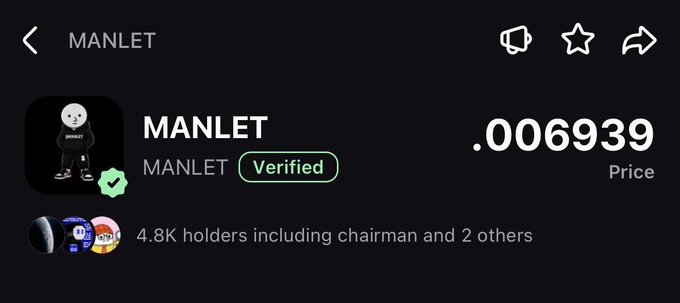 A screenshot of the MANLET token's profile on a crypto platform shows it is "Verified" with a price of .006939 and 4.8K holders, illustrating the verification status referenced in the post thanking @Pumpfun.