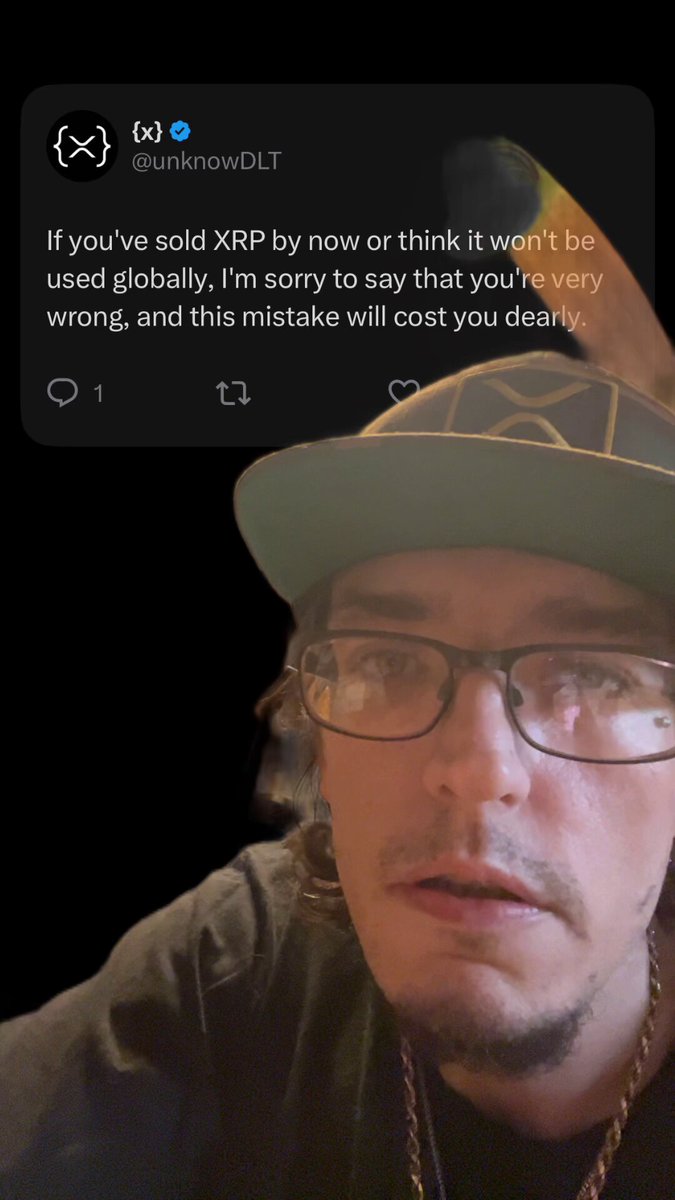 The image features a man wearing glasses and a baseball cap with a message posted on his Twitter account. The caption reads "If you've sold XPP by now or think it'll be used globally, I'm sorry to say that you're wrong, and this mistake will cost you." This post is related to the original tweet about XPP, as both are mentions of the same cryptocurrency.