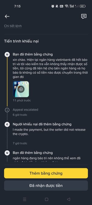 Screenshot of a Vietnamese Binance app appeal progress page showing a complaint titled "Người khiếu nại đã thêm bằng chứng" with the message "I made the payment, but the seller did not release the crypto." and an "Appeal escalated" status.