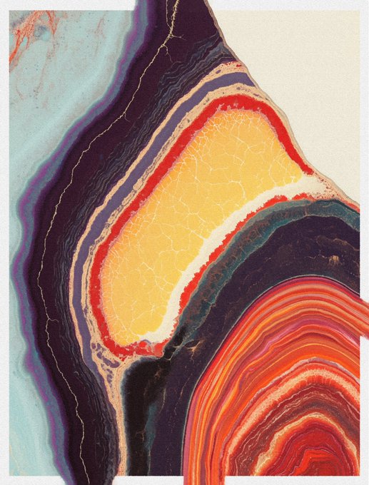 An abstract, geode-like artwork featuring concentric bands of purple, yellow, red, orange, and white with crystalline textures.