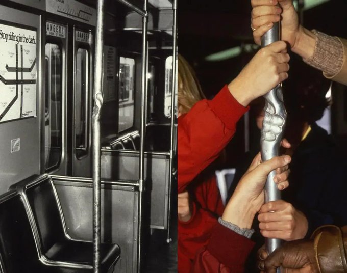 A split photo showing an empty subway car interior on the left and multiple hands gripping a metal pole on the right.