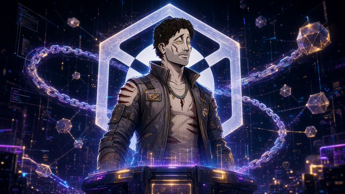 A stylized digital illustration shows a man with glowing circuit-like marks on his face, wearing a leather jacket with a "Visa" patch, standing before a hexagonal frame as a holographic projection amid floating geometric shapes and a glowing blockchain chain—visually representing how onchain identity becomes a recognized, verifiable asset rather than being erased.