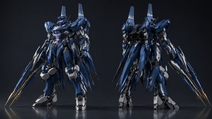 Two views of a detailed blue and silver mecha model figure with wing-like back appendages and pointed fin extensions, displayed against a dark background.