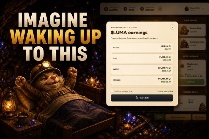 An ad featuring a contented cat wearing a miner's helmet in bed, with text 'IMAGINE WAKING UP TO THIS' and a 'MOONBUROW FORECAST' showing '$LUMA earnings' of $1,311.14 per hour.