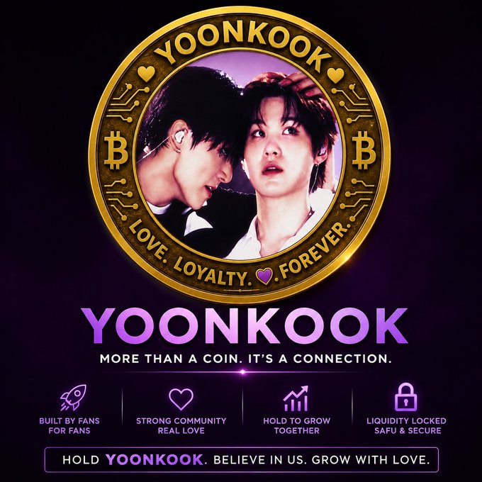 A promotional graphic for a fan-made cryptocurrency called 'YOONKOOK' featuring a gold coin with two men's faces, Bitcoin symbols, and the slogans 'MORE THAN A COIN. IT'S A CONNECTION.' and 'LOVE. LOYALTY. FOREVER.' alongside icons for community, growth, and security.