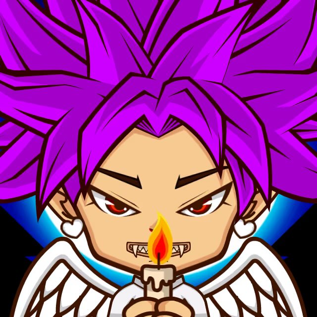 An anime-style character with spiky purple hair, sharp red eyes, and grills on their teeth, holding a lit candle close to their face.