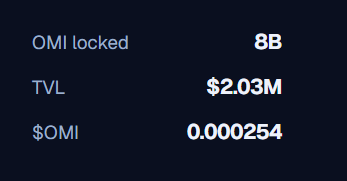 A dark interface showing token metrics: 'OMI locked' at 8B, 'TVL' at $2.03M, and '$OMI' price at 0.000254.