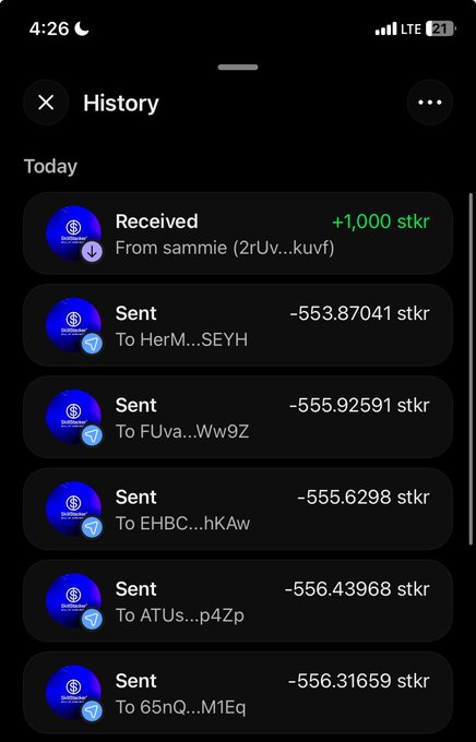 A cryptocurrency wallet history screen shows a transaction log with one 'Received' entry of +1,000 stkr and multiple 'Sent' transactions of approximately -555 stkr each.