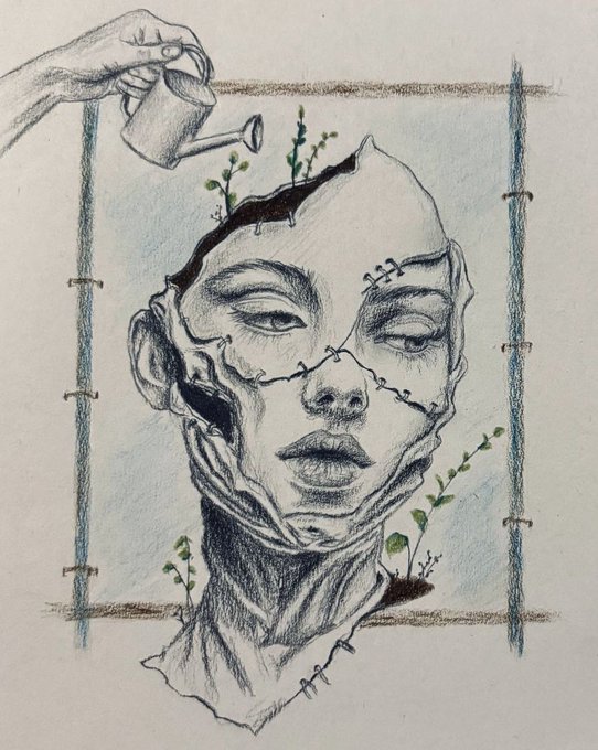 A pencil and colored pencil drawing of a fragmented, stitched-together face/head with plants growing from cracks, being watered by a hand holding a small watering can, framed by blue vertical bars.