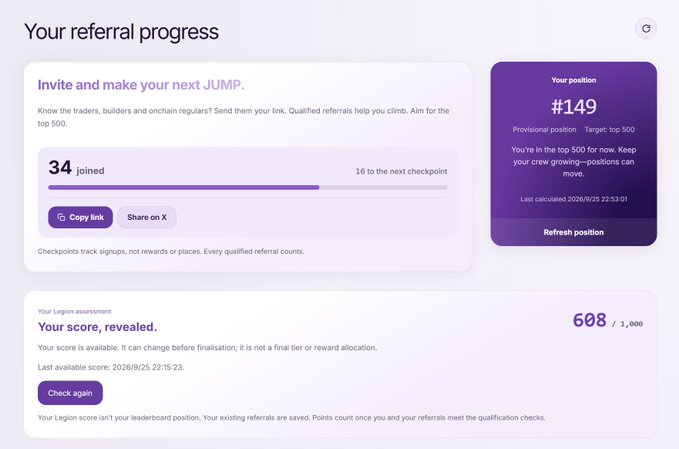 A referral progress dashboard showing 34 joined users out of 18 to the next checkpoint, with a current position of #149 in the top 500 target and a Legion assessment score of 608/1,000.