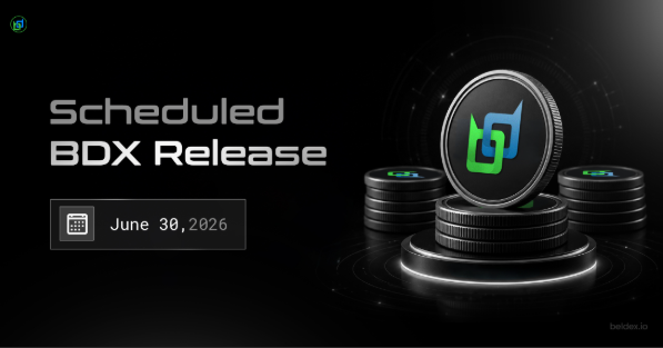 A promotional graphic announces a 'Scheduled BDX Release' on 'June 30, 2026' featuring a metallic coin with a green and blue logo, with 'beldex.io' visible in the corner.