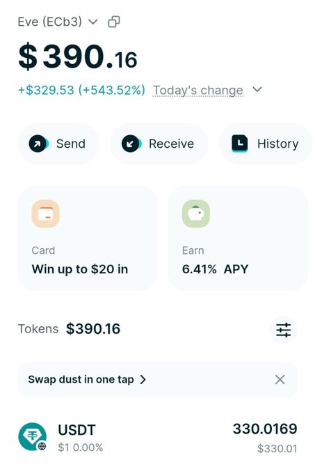 A mobile app screen showing a wallet balance of $390.16 with a daily gain of +$329.53 (+543.52%), featuring Send, Receive, and History buttons, plus options for Card and Earn APY.
