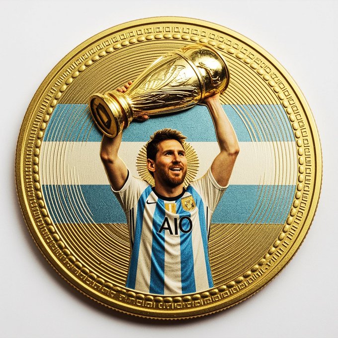 A gold commemorative coin depicts Lionel Messi in an Argentina jersey holding the FIFA World Cup trophy, with the letters "AIO" superimposed on his chest.