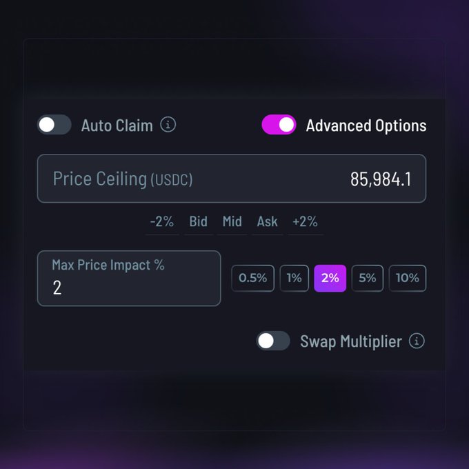 A dark-themed trading interface showing advanced options with 'Auto Claim' toggle, 'Advanced Options' enabled, a 'Price Ceiling (USDC)' of 85,984.1, and 'Max Price Impact %' set to 2%.