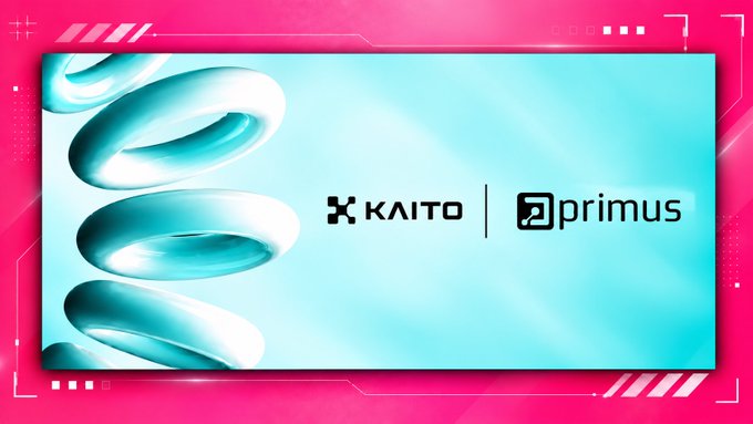 A graphic banner with a teal background showing the logos "КАІТО" and "primus," framed with a pink border featuring tech-inspired design elements.