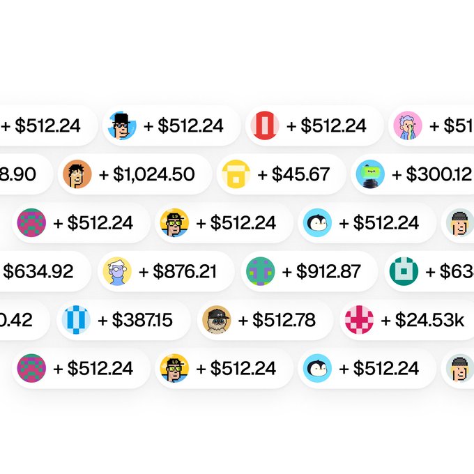 A digital display showing various user avatars or icons alongside cryptocurrency-style values such as '$512.24', '$1,024.50', '$912.87', and '$38715'.