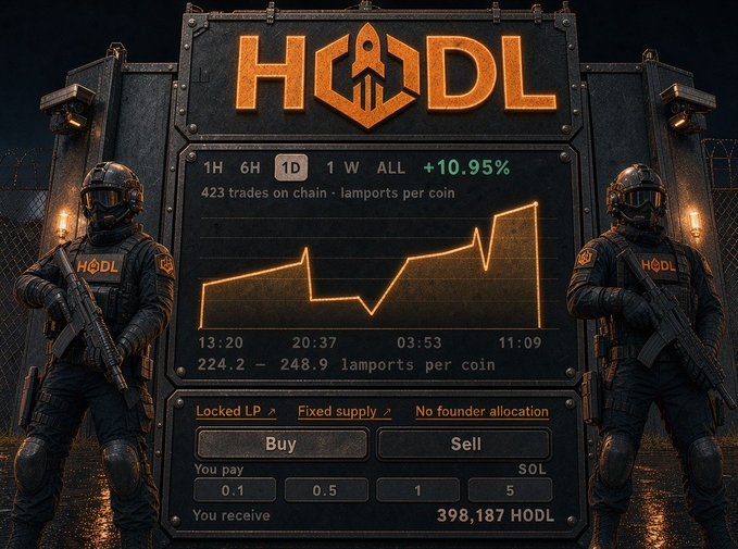 A cryptocurrency trading interface for a token called 'HODL' showing a price chart with a +10.95% increase, flanked by two heavily armed tactical soldiers in dark gear with 'HODL' vests, displaying buy/sell options and lamports per coin values.