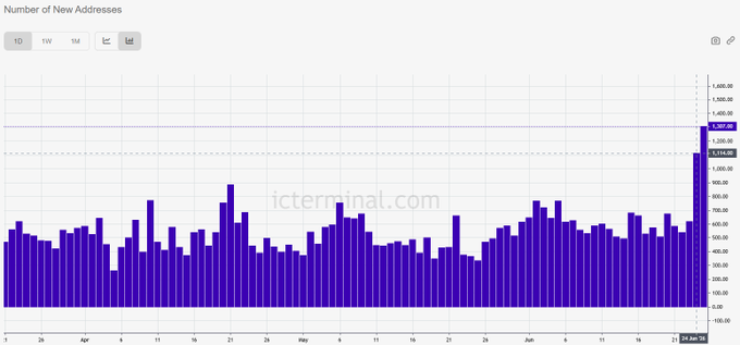 A bar chart titled "Number of New Addresses" displays daily new ICP addresses from April through June 28, showing a sharp spike to 1,397 new addresses on the most recent days, up from the typical range of 400-700 addresses per day—visualizing the surge mentioned in the post about 2.4K new ICP addresses added in just 2 days.