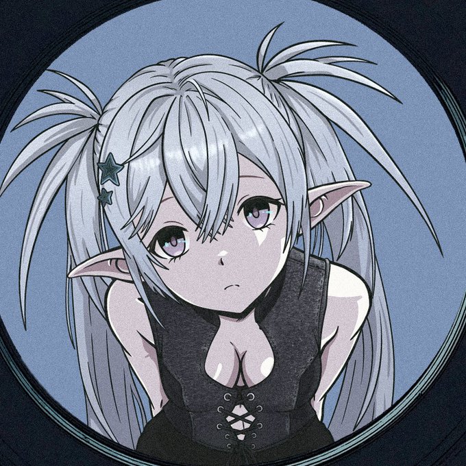 An anime-style illustration of a silver-haired elf girl with purple eyes, star hair clips, and pointed ears, wearing a black corset-style top.