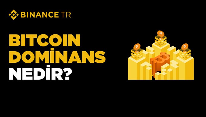 The image is a Binance TR promotional graphic featuring bold yellow and white text on a black background that reads "BİTCOİN DOMİNANS NEDİR?" (What is Bitcoin Dominance?). It includes an illustration of stacked golden bars topped with Bitcoin symbols, visually representing Bitcoin's market share in the crypto market, which aligns with the post explaining that Bitcoin dominance measures BTC's share of the total crypto market.