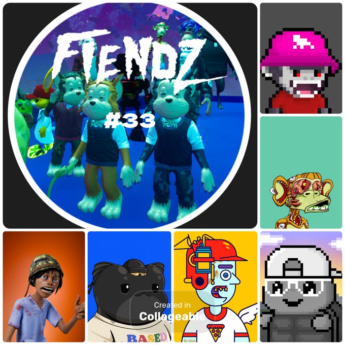 A promotional collage for "FIENDZ #33" features various NFT-style characters including pixel art figures, an anthropomorphic rat, and cartoon avatars, with text indicating it was "Created in Collageable" and promoting weekly badge #33 with prizes from OpenPageHQ, OthersideMeta, and Nifty Island.
