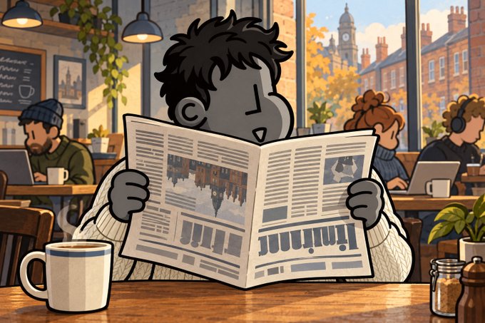 A stylized illustration of a grey-skinned character with dark curly hair reading a newspaper in a cozy cafe setting, with a white mug of coffee on the wooden table and other patrons working on laptops in the background.