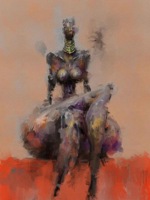An expressive painting of a figure seated on a large, draped object, featuring loose brushwork and a palette of purples, oranges, and muted greens.
