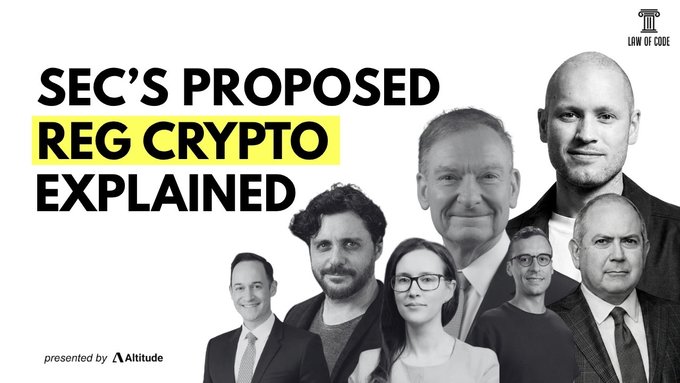 The image is a promotional thumbnail for an episode titled "SEC's Proposed Reg Crypto Explained," presented by Altitude and featuring "Law of Code," showing a black-and-white montage of seven people (likely the commentators mentioned in the post, including Jacob Robinson and the author). The bold title and highlighted "REG CRYPTO" text directly correspond to the post's discussion of the SEC's new fundraising framework and the collective reactions to it.