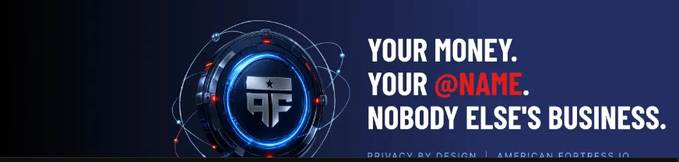 An advertisement banner featuring a digital logo with the text 'YOUR MONEY. YOUR @NAME. NOBODY ELSE'S BUSINESS.' and 'PRIVACY BY DESIGN | AMERICAN EXPRESS ID'.